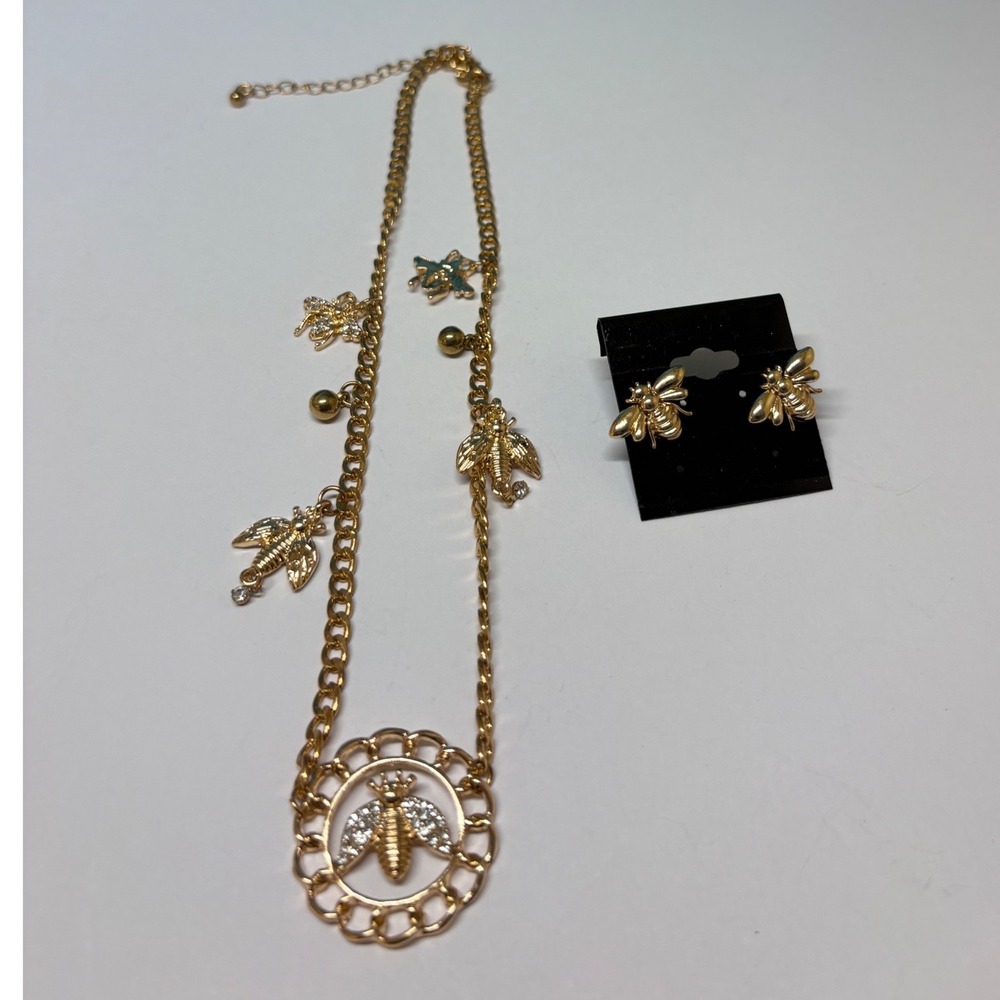 Gold Tone Bee Charm Necklace and Stud Earrings Jewelry Set Crystal Accents
